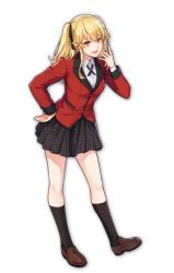 Rule 34 | 1girl, artist request, black ribbon, blonde hair, bolo tie, brown footwear, collared shirt, cross tie, formal, game cg, hand on own hip, holding, houndstooth, hyakkaou academy school uniform, jacket, kakegurui, looking at viewer, mahjong, mahjong soul, official art, open mouth, red jacket, red suit, ribbon, saotome mary, school uniform, shirt, simple background, suit, tenbou, third-party source, transparent background, twintails, white shirt, yellow eyes, yostar