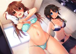 Rule 34 | 2girls, ahoge, black serafuku, blue eyes, blush, bra, braid, breasts, brown eyes, brown hair, cameltoe, cleavage, cleft of venus, closet, clothes pull, collarbone, commentary request, dressing, ezoshika, hair flaps, hair ornament, hairband, holding, holding clothes, holding skirt, indoors, kantai collection, light particles, long hair, medium breasts, multiple girls, navel, open mouth, panties, polka dot, polka dot bra, polka dot panties, school uniform, serafuku, shigure (kancolle), shiratsuyu (kancolle), shirt, short sleeves, single braid, skirt, sparkle, underwear, undressing, white shirt, window