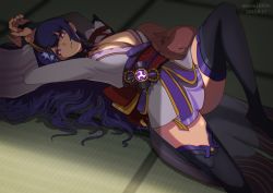 Rule 34 | 1girl, arms up, black thighhighs, braid, breasts, bridal gauntlets, cleavage, closed mouth, coattails, commentary request, dated, floral print, flower, frank-syou, genshin impact, hair ornament, highres, japanese clothes, kimono, large breasts, long hair, long sleeves, looking at viewer, lying, mole, mole under eye, obi, obiage, obijime, on back, purple eyes, purple flower, purple hair, purple thighhighs, raiden shogun, ribbon, sash, solo, tassel, tatami, thighhighs, twitter username, wide sleeves, yae miko