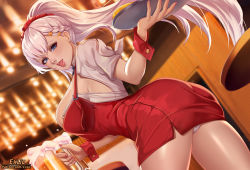 Rule 34 | 1girl, alcohol, apron, ass, azur lane, bar (place), beer, beer mug, beige shirt, belfast (azur lane), belfast (piping-hot perfection) (azur lane), blue eyes, blush, braid, breasts, cup, exlic, food, french braid, hair ornament, hair scrunchie, high ponytail, holding, holding tray, indoors, large breasts, long hair, looking at viewer, low neckline, mug, official alternate costume, open mouth, panties, pizza, red apron, scrunchie, solo, table, tray, underwear, waitress, white hair, white panties, wrist cuffs