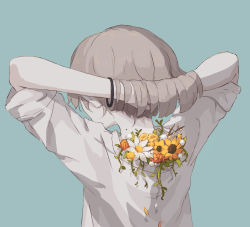 Rule 34 | 1boy, absurdres, avogado6, blue background, commentary request, flower, from behind, grey hair, hair lift, hands up, highres, mole, mole on neck, nape, original, shirt, simple background, solo, white flower, white shirt, wristband, yellow flower