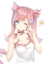Rule 34 | 1girl, :3, animal ears, bell, blue eyes, breasts, camisole, cleavage, closed mouth, collar, final fantasy, final fantasy xiv, frill trim, frills, head tilt, jingle bell, miqo&#039;te, momoko (momopoco), neck bell, paw pose, pink hair, ribbon, simple background, slit pupils, small breasts, solo, speech bubble, swept bangs, tail, tail ornament, tail ribbon, twintails, upper body, warrior of light (ff14), white background