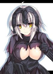 Rule 34 | 1girl, ahoge, armor, armored dress, bad id, bad pixiv id, black gloves, blush, breasts, capelet, chain, cleavage, closed mouth, cowboy shot, fate/grand order, fate (series), gauntlets, gloves, hair between eyes, headpiece, jeanne d&#039;arc (fate), jeanne d&#039;arc alter (avenger) (fate), jeanne d&#039;arc alter (fate), leaning forward, letterboxed, looking at viewer, medium breasts, ryokushiki (midori-ya), short hair, simple background, smile, solo, white background, white hair, yellow eyes
