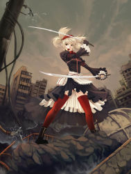 Rule 34 | blonde hair, dress, dual wielding, electricity, fighting stance, holding, legs, open mouth, original, red thighhighs, ruins, solo, sword, thighhighs, tomozo kaoru, weapon