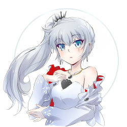 Rule 34 | 1girl, blue eyes, earrings, highres, iesupa, jewelry, necklace, off shoulder, rwby, scar, scar on face, side ponytail, solo, weiss schnee, white hair