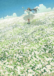 Rule 34 | 1girl, bird, black footwear, blue sky, brown hair, cloud, commentary request, day, dress, field, flower, flower field, full body, highres, long hair, meadow, original, outdoors, outstretched arm, potg (piotegu), short sleeves, sky, solo, standing, white dress, wide shot