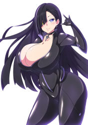 Rule 34 | 1girl, asymmetrical bangs, black bodysuit, black choker, black hair, blue eyes, blunt bangs, blunt ends, blush, bodysuit, breasts, bright pupils, choker, cleavage, closed mouth, collarbone, commentary request, contrapposto, cowboy shot, dolphin wave, earrings, hair over one eye, hand on own hip, hand up, heterochromia, huge breasts, jewelry, kurose minami, long hair, looking at viewer, m/, multicolored hair, partially unzipped, pendant, pendant choker, purple hair, sankakukin gear, simple background, smile, solo, standing, streaked hair, thighs, two-tone hair, very long hair, white background, white pupils, yellow eyes