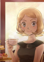 Rule 34 | 1girl, bare arms, blonde hair, breasts, closed mouth, collarbone, commentary, creatures (company), cup, eyelashes, game freak, grey eyes, holding, holding cup, konna-nani, nintendo, pink lips, pokemon, pokemon xy, serena (pokemon), shirt, short hair, sleeveless, sleeveless shirt, smile, solo, steam, teacup, upper body