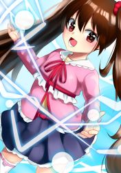 Rule 34 | 1boy, androgynous, artist request, blush, brown hair, electricity, frilled skirt, frills, highres, long hair, looking at viewer, mary janes, open mouth, pink eyes, pleated skirt, shiny skin, shoes, simple background, skirt, smile, solo, taimanin (series), taimanin asagi, taimanin rpgx, thighhighs, trap, twintails, uehara shikanosuke, very long hair, white thighhighs
