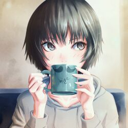 Rule 34 | 1girl, amagami, black hair, blush, brown eyes, close-up, coffee mug, commentary, couch, cup, drinking, eyelashes, fake facial hair, fake mustache, highres, holding, holding cup, hood, hood down, hoodie, long sleeves, looking away, looking to the side, mug, nanasaki ai, on couch, oshizu, portrait, short hair, solo, translated, upper body, very short hair, w arms, white hoodie