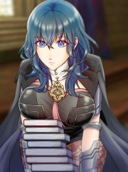 Rule 34 | 0701mono, 1girl, armlet, armor, blue eyes, blue hair, bodice, book, book stack, breasts, brown pantyhose, bustier, byleth (female) (fire emblem), byleth (fire emblem), coat, fire emblem, fire emblem: three houses, floral print, hair between eyes, highres, holding, holding book, large breasts, looking down, medium hair, nintendo, pantyhose, pantyhose under shorts, patterned legwear, print pantyhose, shorts, shoulder armor, solo, tassel, teacher, turtleneck, vambraces, waist cape
