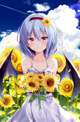 Rule 34 | 1girl, alternate costume, bare shoulders, bat wings, blue hair, blue sky, blush, bow, cloud, collarbone, commentary request, day, dress, feet out of frame, flower, frilled dress, frills, hair between eyes, hair flower, hair ornament, hairband, highres, holding, holding flower, hyurasan, lens flare, light particles, looking at viewer, no headwear, no headwear, o-ring, outdoors, petals, red bow, red eyes, red hairband, red sash, remilia scarlet, sash, short hair, sky, smile, solo, spaghetti strap, standing, sunflower, sunflower hair ornament, touhou, white dress, wings