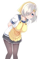 Rule 34 | 10s, 1girl, apron, arms behind back, asaoka (0x0), blue eyes, blush, breasts, collarbone, hair ornament, hair over one eye, hairclip, hamakaze (kancolle), kantai collection, large breasts, leaning forward, looking at viewer, pantyhose, pleated skirt, school uniform, serafuku, short hair, short sleeves, silver hair, simple background, skirt, smile, solo, upper body, white background
