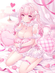 Rule 34 | 1girl, bloomers, blurry, blurry background, blush, bow, breasts, breasts day, candy, choker, cleavage, dress, food, frilled cuffs, frilled dress, frills, good breasts day, hair bow, heart, highres, holding, holding pillow, lamp, light, lollipop, looking at viewer, medium breasts, original, pillow, pink eyes, pink hair, pink ribbon, ribbon, sitting, sleeveless, sleeveless dress, smile, socks, solo, table, twintails, underwear, virtual youtuber, wariza, wasabi (sekai), white bloomers, white bow, white choker, white socks, white wrist cuffs, wrist cuffs