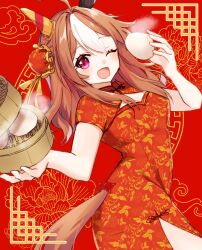 Rule 34 | 1girl, ;d, ahoge, alternate costume, animal ears, baozi, brown hair, bun cover, china dress, chinese clothes, clothing cutout, copano rickey (umamusume), double bun, dress, ear covers, fang, food, from side, hair bun, highres, holding, holding food, horse ears, horse girl, horse tail, long hair, looking at viewer, looking to the side, medium hair, multicolored hair, nakichi n, one eye closed, open mouth, pelvic curtain, red dress, side slit, smile, solo, tail, tail through clothes, two-tone hair, umamusume, white hair