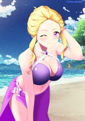 Rule 34 | 1girl, absurdres, beach, bikini, birthday, blonde hair, blue sky, breasts, cloud, cloudy sky, collarbone, commentary request, day, fuurin asumi, happy birthday, healin&#039; good precure, highres, long hair, looking at viewer, medium breasts, navel, ocean, on kazu, one eye closed, outdoors, partial commentary, precure, purple bikini, purple eyes, purple sarong, sand, sarong, sky, smile, swimsuit, tree, water