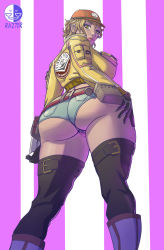 Rule 34 | 10s, 1girl, ass, belt, black gloves, blonde hair, breasts, cidney aurum, cropped jacket, denim, denim shorts, final fantasy, final fantasy xv, from behind, from below, gloves, green eyes, hat, highres, holster, huge ass, jacket, looking at viewer, looking back, mechanic, messy hair, midriff, razter, shaded face, short hair, short shorts, shorts, shorts tan, sky, smile, solo, tan, tanline, thighs, trefoil, utility belt