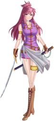 Rule 34 | 1girl, absurdres, boots, braid, breasts, commission, commissioner upload, dress, fire emblem, fire emblem: sacred stones, full body, gloves, highres, large breasts, long hair, looking at viewer, marisa (fire emblem), nail polish, nintendo, pollo1567, purple eyes, purple hair, short dress, sword, twin braids, weapon
