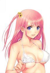 Rule 34 | 1girl, :d, absurdres, adjusting clothes, adjusting swimsuit, bare shoulders, bikini, blue eyes, breasts, cleavage, collarbone, covered erect nipples, flower, hair flower, hair ornament, highres, large breasts, long hair, looking at viewer, open mouth, original, pink hair, scan, scan artifacts, side ponytail, sideboob, simple background, smile, solo, strap gap, string bikini, sunflower, sunflower hair ornament, swimsuit, tan, tanline, tony taka, underboob, upper body, white background, white bikini
