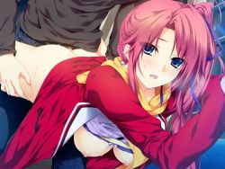 Rule 34 | 1girl, amagase yuuki, ass, blue eyes, bra, bra lift, breasts, clothed sex, clothes lift, game cg, iizuki tasuku, large breasts, legs, long hair, looking back, lovely x cation, nipples, no panties, open clothes, open mouth, pink hair, scarf, sex, shirt lift, side ponytail, sweat, thighs, underwear, vaginal