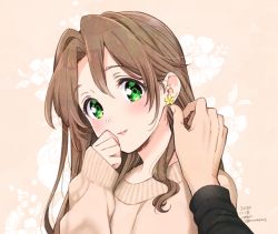 Rule 34 | 1girl, 2020, aerith gainsborough, bad id, bad pixiv id, brown hair, dated, earrings, final fantasy, final fantasy vii, flower, green eyes, hair between eyes, head tilt, jewelry, krudears, long hair, looking at viewer, parted lips, portrait, pov, sleeves past wrists, smile, solo focus, straight hair, sweater, twitter username, white sweater, yellow flower