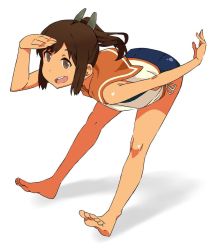 Rule 34 | 10s, 1girl, akitetsu, bad id, bad twitter id, bare legs, barefoot, brown eyes, brown hair, dark-skinned female, dark skin, feet, full body, i-401 (kancolle), jpeg artifacts, kantai collection, leaning forward, open mouth, ponytail, sailor collar, school swimsuit, shading eyes, shadow, simple background, solo, swimsuit, swimsuit under clothes, white background