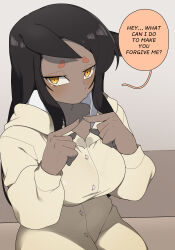 Rule 34 | 1girl, absurdres, animal ears, black hair, blush, breasts, buttons, commentary, couch, dark-skinned female, dark skin, doberman, doberman girl (gomulgong), dog ears, english commentary, english text, gomulgong, highres, hood, hoodie, index fingers together, large breasts, long hair, looking to the side, original, sitting, speech bubble, sweat, yellow eyes