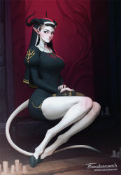 Rule 34 | 1girl, artist name, bare legs, black eyes, black hair, book, book on lap, breasts, candle, closed mouth, commentary, cross, cross necklace, demon girl, demon horns, english commentary, eyebrows, eyelashes, female focus, full body, habit, highres, hooves, horns, jewelry, juliet sleeves, large breasts, light smile, lips, long sleeves, looking at viewer, necklace, nose, nun, original, pale skin, patreon username, pinup (style), pointy ears, puffy sleeves, skin-covered horns, solo, tail, tarakanovich