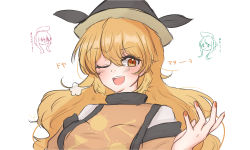Rule 34 | 1girl, ;d, black hat, blonde hair, breasts, chibi, chibi inset, commentary request, hair between eyes, hat, highres, large breasts, long hair, matara okina, nishida satono, one eye closed, open mouth, pipita, simple background, smile, solo, tabard, teireida mai, touhou, upper body, v-shaped eyebrows, white background
