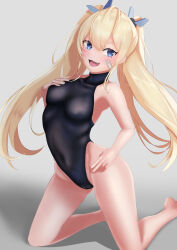 Rule 34 | 1girl, 403 oekaki suke, :d, absurdres, bandaid, bandaid on cheek, bandaid on face, black one-piece swimsuit, blonde hair, blue eyes, blush, breasts, fang, goddess of victory: nikke, hand on own chest, hand on own hip, highres, kneeling, laplace (nikke), long hair, medium breasts, one-piece swimsuit, open mouth, sidelocks, smile, solo, swimsuit, twintails