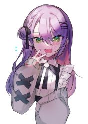 Rule 34 | 1girl, black bow, bow, collared shirt, frilled shirt, frills, green eyes, grey sweater, hair bun, highres, hololive, kom0980, leaning to the side, long hair, purple hair, shirt, side bun, simple background, single side bun, sleeveless, sleeveless shirt, sleeves past wrists, solo, sweater, tokoyami towa, upper body, v, v-shaped eyebrows, virtual youtuber, white background
