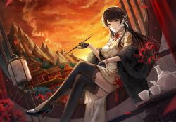 Rule 34 | 1girl, black footwear, black gloves, black thighhighs, blurry, blurry foreground, brown hair, building, china dress, chinese clothes, collared dress, cup, dress, earrings, flower, gloves, hair ornament, higanbana (onmyoji), high heels, holding, jewelry, long hair, mountain, ocean, open mouth, orange sky, original, plus1024, red flower, short sleeves, single earring, sitting, sky, smile, solo, spider lily, sunset, teacup, thighhighs, vase, yellow dress, yellow eyes