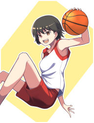 Rule 34 | 1girl, absurdres, alternate costume, bad id, bad pixiv id, ball, basketball, basketball (object), basketball uniform, brown eyes, brown hair, girls und panzer, highres, holding, holding ball, isobe noriko, looking at viewer, open mouth, red shorts, revision, shirt, short hair, shorts, smile, solo, sportswear, white shirt, yougata
