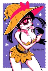 Rule 34 | 1girl, black gloves, black hair, blush, breasts, candy, cleavage, cowboy shot, cyclops, earrings, food, gloves, halloween, halloween costume, hat, heart, heart earrings, hitomi sensei no hokenshitsu, jewelry, large breasts, licking, lollipop, manaka hitomi, one-eyed, red eyes, shake-o, solo, symbol-shaped pupils, twitter username, witch hat