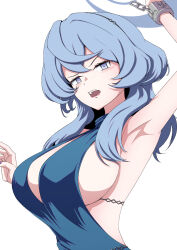 Rule 34 | 1girl, ako (blue archive), ako (dress) (blue archive), arm up, armpits, blue archive, blue dress, blue eyes, blue hair, blue halo, blush, breasts, cleavage, commentary request, dress, halo, highres, koganei, large breasts, looking at viewer, official alternate costume, open mouth, sideless dress, sideless outfit, simple background, sleeveless, sleeveless dress, solo, teeth, upper body, upper teeth only, white background