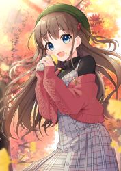 Rule 34 | 1girl, :d, autumn leaves, black shirt, blue eyes, blush, brown hair, dot nose, dress, food, food on face, glint, green headwear, grey dress, hair bobbles, hair ornament, hands up, highres, holding, holding food, jacket, jewelry, konogi nogi, long hair, looking at viewer, necklace, off shoulder, open clothes, open jacket, open mouth, original, outdoors, red jacket, roasted sweet potato, shirt, sleeves past wrists, smile, solo, sparkle, sweater jacket, sweet potato, two side up, roasted sweet potato