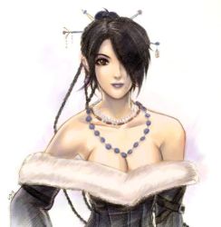 Rule 34 | 00s, 1girl, bare shoulders, belt, black hair, breasts, censored, cleavage, dress, eyeshadow, final fantasy, final fantasy x, hair over one eye, jewelry, long hair, lulu (ff10), makeup, medium breasts, mole, mole under mouth, necklace, smile, solo, strapless, strapless dress, upper body