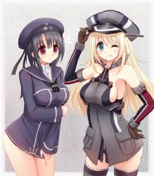 Rule 34 | 2girls, ;p, akisame rizu, alternate costume, aqua eyes, atago (kancolle), bismarck (kancolle), bismarck (kancolle) (cosplay), black hair, blonde hair, breasts, clothes writing, cosplay, covering crotch, covering privates, hat, kantai collection, large breasts, long hair, looking at viewer, multiple girls, one eye closed, peaked cap, purple eyes, revision, sailor hat, short hair, sideboob, takao (kancolle), thighhighs, tongue, tongue out, z1 leberecht maass (kancolle), z1 leberecht maass (kancolle) (cosplay)