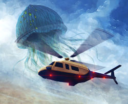 Rule 34 | aircraft, animal focus, blue sky, cloud, cloudy sky, creature, flying, helicopter, jellyfish, lights, original, sky, surreal, toy(e)