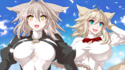 Rule 34 | 2girls, :3, :d, ahoge, animal ears, black dress, blonde hair, blue eyes, blue sky, blurry, blurry background, blush, bow, bowtie, braid, breasts, cherry blossoms, cloud, commentary request, day, depth of field, dress, fang, gloves, hair between eyes, hair intakes, hand up, highres, huge breasts, juliet sleeves, long hair, long sleeves, looking at viewer, minarai tenna, monster girl, multiple girls, o-ring, open mouth, original, outdoors, petals, puffy sleeves, red neckwear, single braid, sky, slit pupils, smile, tail, upper body, white dress, white gloves, yellow eyes