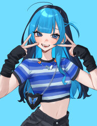 Rule 34 | 1girl, bag, black hair, black pants, blue background, blue eyes, blue hair, blush, character request, ear piercing, earrings, fang, fingernails, hair between eyes, highres, jewelry, long hair, looking at viewer, mole, mole under eye, multicolored hair, navel, necklace, open mouth, original, pants, piercing, shirt, short sleeves, simple background, smile, solo, streaked hair, striped clothes, striped shirt, teeth, temu (tem27), two-tone hair, upper body, v