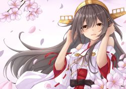 Rule 34 | 1girl, absurdres, bare shoulders, brown eyes, detached sleeves, gensoukitan, grey hair, hair between eyes, hair ornament, hairclip, haruna (kancolle), headgear, highres, kantai collection, long hair, looking at viewer, nontraditional miko, smile, solo, upper body
