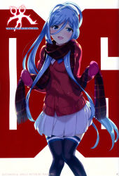 Rule 34 | 1girl, :d, aoki hagane no arpeggio, artist name, black thighhighs, blue eyes, blue hair, blush, character name, circle name, dated, hair between eyes, highres, jacket, long hair, looking at viewer, mittens, mutsumi masato, open mouth, plaid, plaid scarf, pleated skirt, ponytail, scarf, skirt, smile, solo, takao (aoki hagane no arpeggio), thighhighs, very long hair
