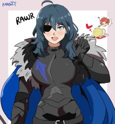Rule 34 | 1girl, 2boys, absurdres, armor, blonde hair, blood, blood stain, blue eyes, blue hair, blush, breasts, byleth (female) (fire emblem), byleth (fire emblem), cape, chibi, chibi inset, cosplay, dimitri alexandre blaiddyd, dimitri alexandre blaiddyd (cosplay), eyepatch, fire emblem, fire emblem: three houses, fur trim, gao, gloves, happy, heart, highres, karbuitt, large breasts, long hair, long sleeves, looking at viewer, multiple boys, nintendo, nosebleed, open mouth, paw pose, red hair, short hair, signature, simple background, smile, sylvain jose gautier, timeskip, white background