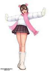 Rule 34 | 00s, 1girl, 2006, :d, animal ears, boots, brown eyes, brown hair, coat, dated, earmuffs, fake animal ears, full body, legs, legs together, looking at viewer, mittens, open mouth, original, outstretched arms, pink scarf, pinup (style), plaid, plaid skirt, ryu (ryu&#039;s form site), scarf, shoes, simple background, skirt, smile, solo, spread arms, standing, striped clothes, striped scarf, white background