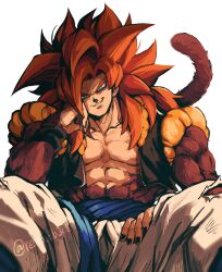 Rule 34 | 1boy, absurdres, biceps, black wristband, blue eyes, blue sash, body fur, dragon ball, dragon ball gt, gogeta, highres, looking at viewer, male focus, metamoran vest, monkey boy, monkey tail, muscular, muscular male, no nipples, pants, pectorals, red hair, relio db318, sash, simple background, smirk, solo, spiked hair, super saiyan, super saiyan 4, tail, veins, veiny hands, white pants