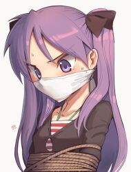 Rule 34 | 1girl, angry, bdsm, blush, bondage, bound, bound arms, brown shirt, cad (caddo), cloth gag, gag, gagged, hair ribbon, highres, hiiragi kagami, improvised gag, long hair, long sleeves, lucky star, over the nose gag, purple hair, restrained, ribbon, shibari, shibari over clothes, shirt, solo, sweat, sweatdrop, twintails, white background