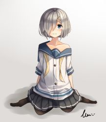 Rule 34 | 10s, 1girl, age regression, blue eyes, hair ornament, hamakaze (kancolle), kantai collection, looking at viewer, oversized clothes, pantyhose, plan (planhaplalan), ribbon, school uniform, serafuku, silver hair, skirt, solo, aged down