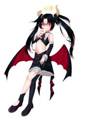 Rule 34 | 1girl, absurdres, asymmetrical legwear, bandages, black hair, commission, demon girl, demon horns, demon wings, dress, ears, eyebrows, eyelashes, glowing, glowing eyes, halo, highres, horns, idol corp, legs, lily sin, looking at viewer, multicolored hair, navel, nose, pointy ears, red eyes, shoes, short hair, skirt, smirk, stomach, teeth, transparent, transparent background, vicichuart, virtual youtuber, wings