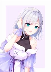 Rule 34 | 1girl, blue eyes, blush, breasts, evanstan, hair ornament, highres, kaga sumire, looking at viewer, lupinus virtual games, medium hair, open mouth, playing with own hair, ribbon, simple background, small breasts, smile, solo, upper body, virtual youtuber, vspo!, white hair